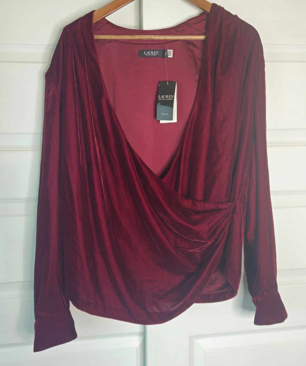 NWT Lauren Ralph Lauren Velvet Draped Faux Wrap Blouse Red Wine 18W